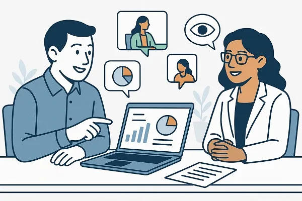 Illustration of two colleagues reviewing charts and discussing information while sitting at a shared workspace.