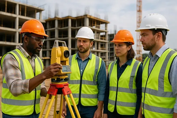 A team of construction workers in safety gear gathered around a total station at a job site for Instrument Man Staffing.