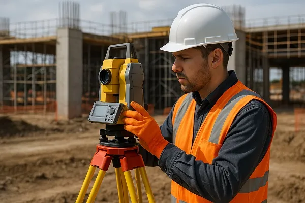 A survey technician in safety gear adjusting a total station at a construction site for Instrument Man Staffing.