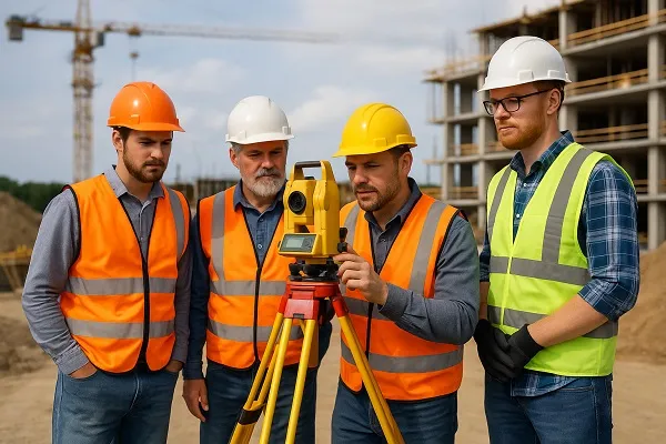 A team of construction survey workers in safety vests and hard hats gathered around a total station at a job site for Instrument Man Staffing.