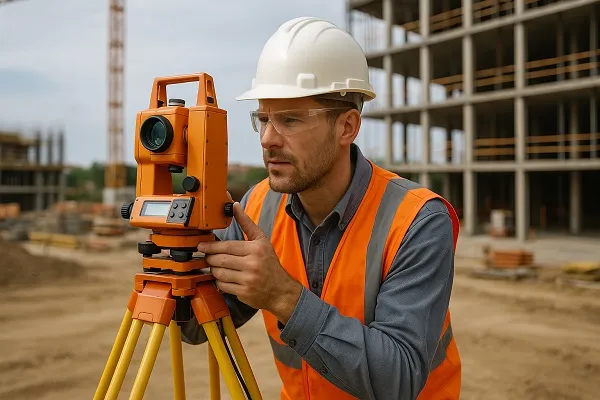 A field technician in safety gear operating a surveying instrument on a construction site, representing Instrument Man Staffing.