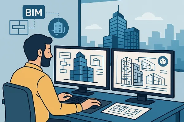 Cartoon illustration of an engineer using BIM software with digital twin models of buildings on dual screens in a city-view office.