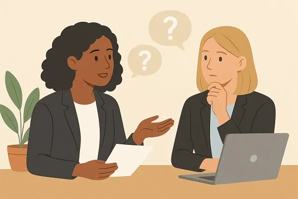 Illustration of two professionals discussing important questions, with one woman speaking and the other listening thoughtfully beside a laptop.