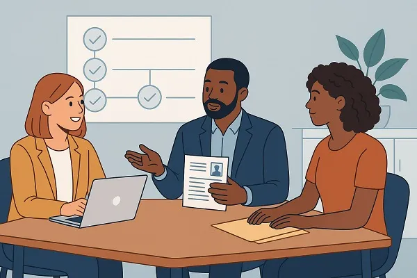 Illustration of three professionals meeting at a table, reviewing documents and discussing steps in the hiring process.