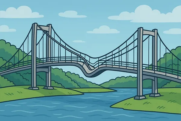 Cartoon illustration of a modern pedestrian bridge bending downward at the center above a calm river.