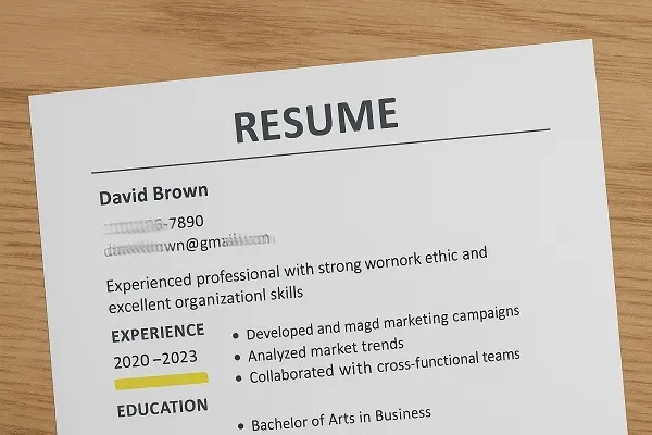 A real printed resume on a wooden desk showing missing company details in the experience section, with the blank area highlighted to indicate incomplete information.