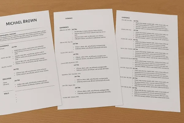 Three-page resume spread out on a wooden desk, with pages filled heavily with experience sections to illustrate an overly long resume.