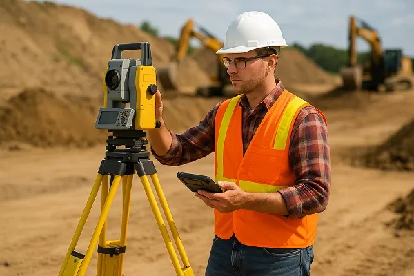 A single field worker in safety gear using surveying equipment at an active job site, representing Tier2Tek Staffing’s field support roles.