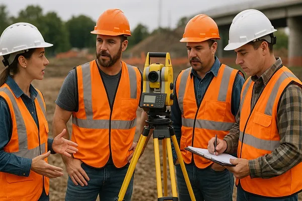 A team of field professionals wearing safety gear gathered around surveying and mapping equipment at an active work site, discussing plans and coordinating tasks.