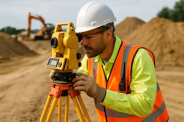 A survey worker in safety gear looking through a total station on a construction site for Tier2Tek Staffing.