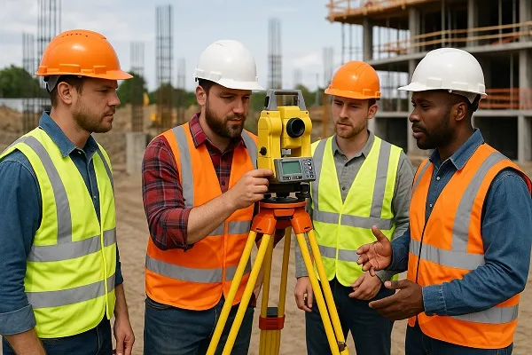 Four construction workers in safety gear gathered around a total station at an active job site for Tier2Tek Staffing.