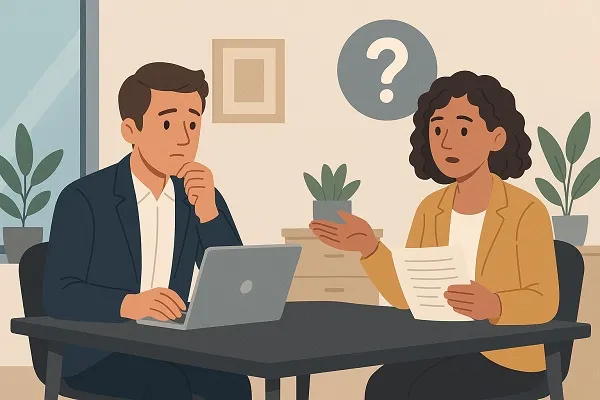 Illustration of two professionals in an office discussing concerns, with one person holding a document and the other listening thoughtfully at a desk.