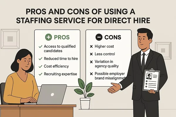 Illustration of a woman working at a laptop while a staffing representative presents hiring options, with pros and cons shown on display boards.