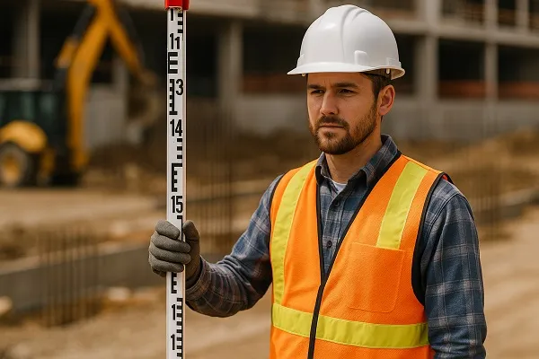 A construction rodman holding a survey rod at a job site for Rodman Staffing.