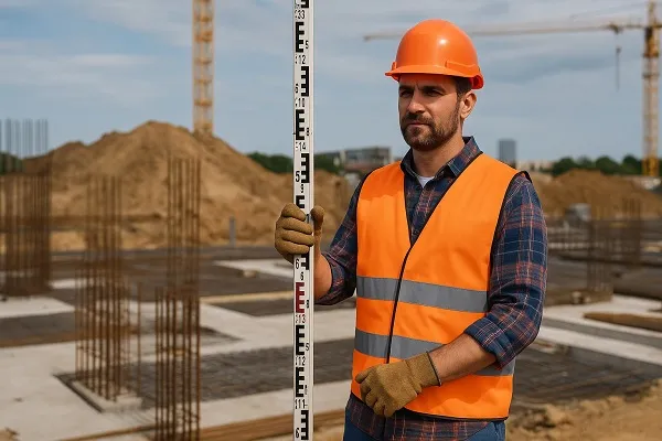 A construction rodman holding a leveling rod at a job site for Rodman Staffing.