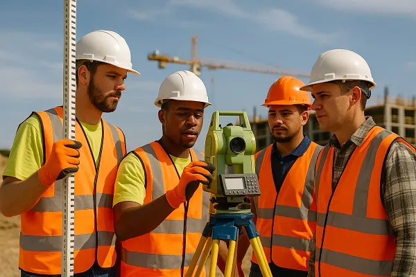 A team of construction survey workers gathered around a total station at a job site, demonstrating the type of field roles Tier2Tek helps companies staff.