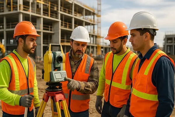 A team of construction survey workers gathered around a total station at a job site, illustrating the type of field roles Tier2Tek helps companies staff.