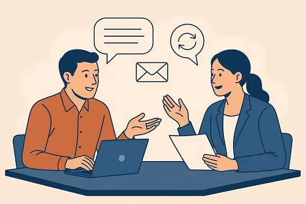 Illustration of two professionals sitting at a table having a discussion, exchanging feedback with engaged expressions.