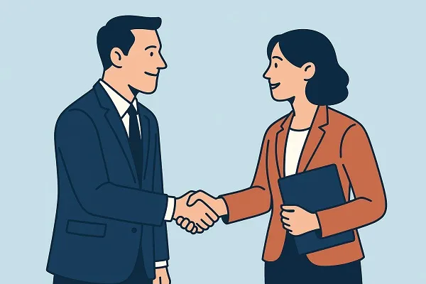 Illustration of two professionals shaking hands in a friendly, collaborative manner.