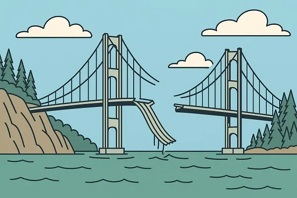 Cartoon-style suspension bridge with a broken center section drooping toward the water below with hills and trees nearby.