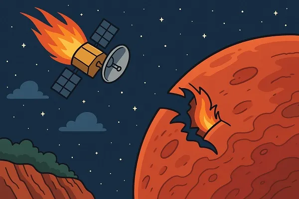 Cartoon illustration of a space probe descending toward Mars with flames trailing behind as it impacts the planet.