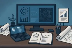 A workspace featuring engineering diagrams, charts, and digital data displays on a large monitor, surrounded by a laptop, documents, and drafting materials.
