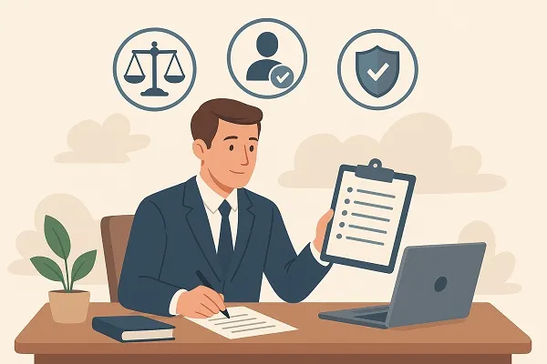 HR manager reviewing hiring paperwork and responsibilities in an office setting.