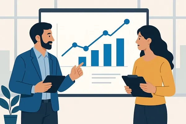 Illustration of two professionals reviewing charts and data on a presentation screen.
