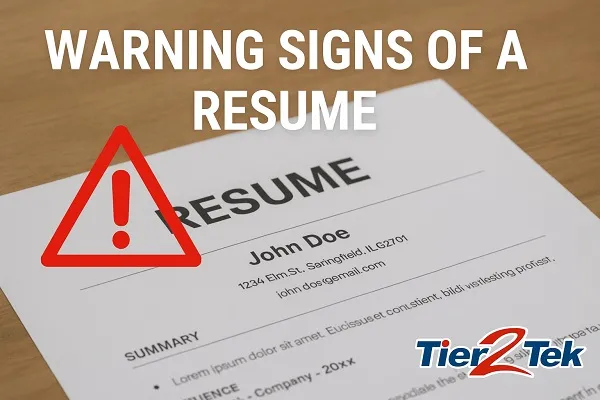 Image of a printed resume on a wooden desk with a red warning sign icon, bold text reading ‘Warning Signs of a Resume,’ and the Tier2Tek Staffing logo in the corner.