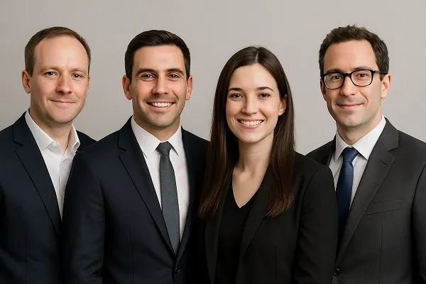 Tier2Tek Staffing’s CAD recruitment team posing together in professional business attire against a neutral gray background.