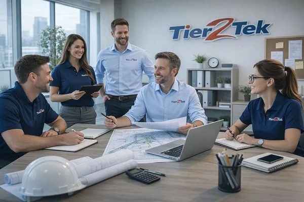 Tier2Tek Staffing recruiting team collaborating on civil engineering hiring strategy in a professional office
