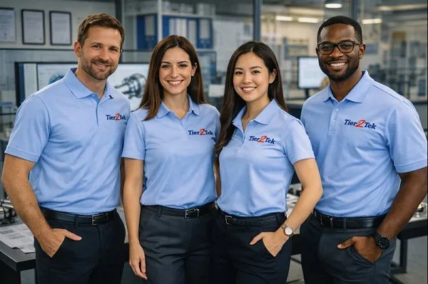 Tier2Tek engineering recruitment team wearing branded shirts in a professional office setting