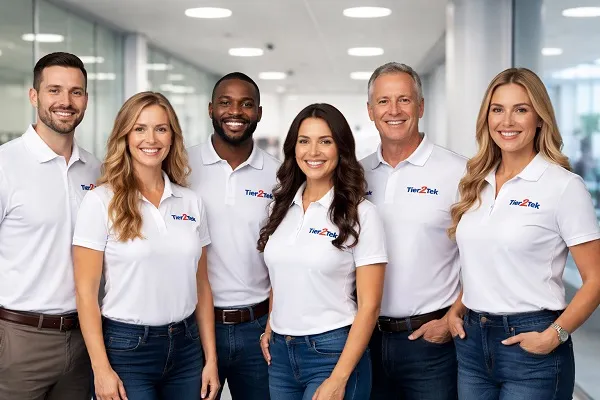 Group photo of Tier2Tek professional recruiters wearing branded shirts in a modern office setting.
