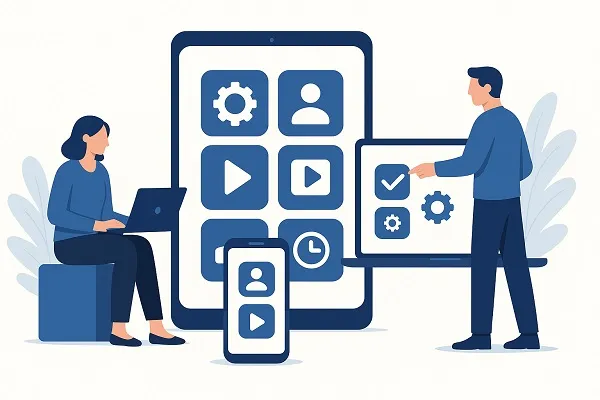 Illustration of two professionals interacting with multiple devices showing app icons, representing streamlined application management.