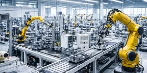 Automated manufacturing facility with robotic arms assembling products, representing Tier2Tek Staffing’s Automation Manufacturer industry services.