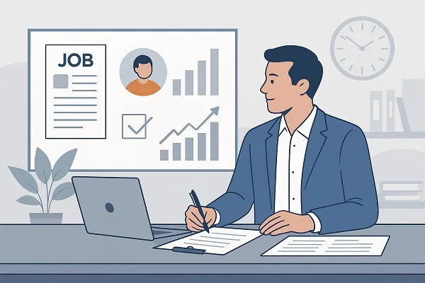 A recruiter reviewing job data and candidate insights while planning a strategy for hiring specialized talent.