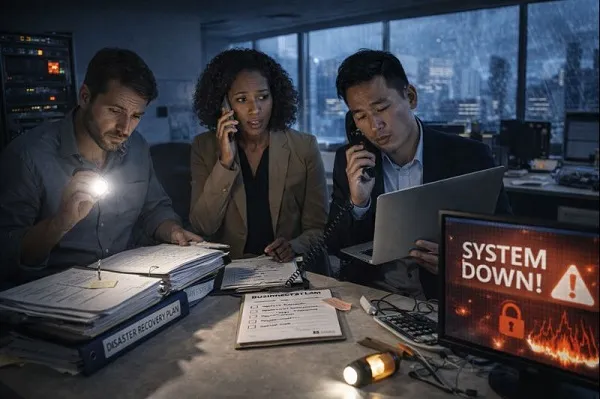 Corporate team managing business continuity during a system outage in an office environment
