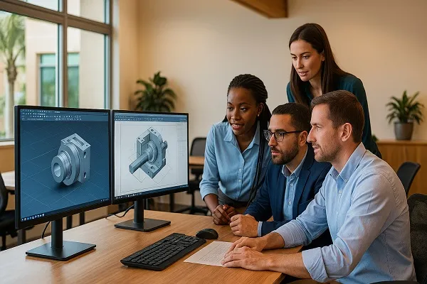 Engineering team reviewing 3D CAD models on dual monitors in a modern Florida office.