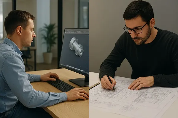 Split-screen image of a CAD specialist working on a 3D model at a computer and an engineer reviewing detailed technical drawings at a desk.