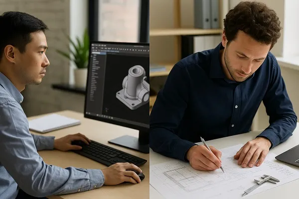Split-screen image of a CAD designer working on a 3D mechanical model and an engineer reviewing technical drawings at a desk.