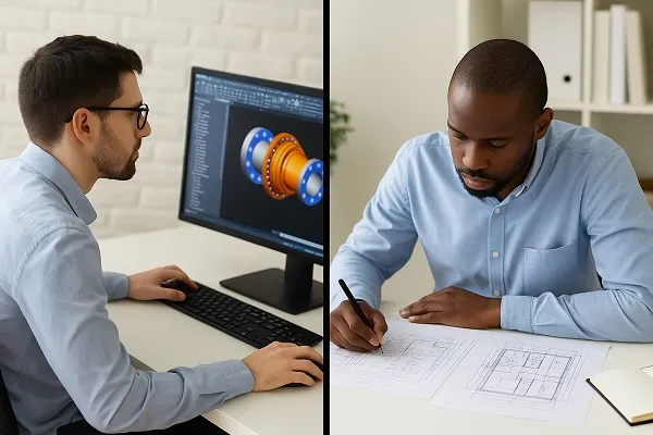 Split-screen image of a CAD designer creating a 3D mechanical model and an engineer reviewing architectural drawings at a desk.