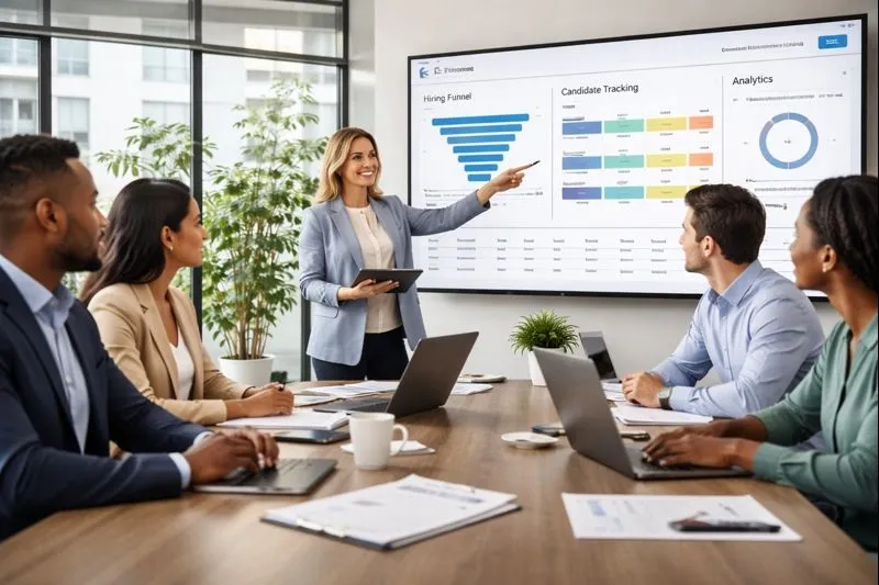 Centralized hiring leadership team coordinating recruitment strategy in a corporate office for scalable staffing solutions by Tier2Tek Staffing