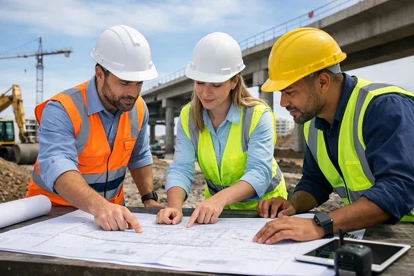 Civil engineers reviewing construction plans on an active job site for direct hire civil engineering staffing.
