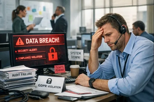 An overwhelmed IT support professional at a desk, holding his head while a computer screen displays data breach and compliance violation alerts in a corporate office.