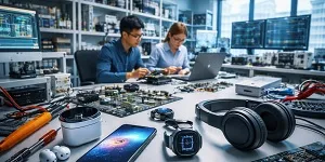 Electronics development lab with engineers prototyping consumer devices, representing Tier2Tek Staffing’s services for the Consumer Electronics Developer industry.