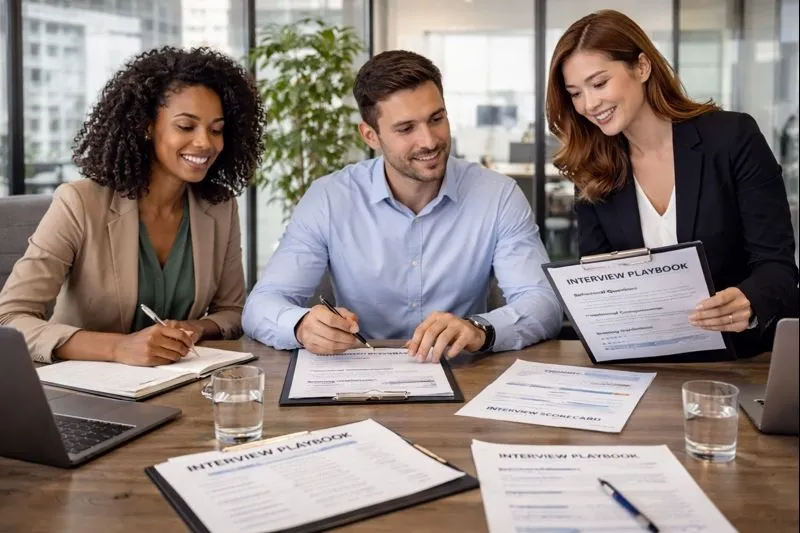 Hiring team collaborating with structured interview playbooks to standardize candidate evaluation in a corporate office, powered by Tier2Tek Staffing