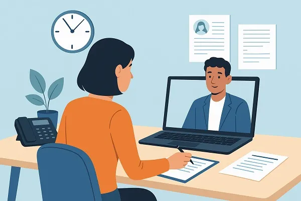 A hiring professional conducting a virtual interview with a candidate on a laptop, reviewing notes to create a smooth and organized recruitment experience.