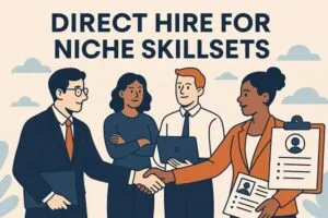 Professionals meeting and shaking hands during a hiring discussion, with resumes and laptops visible to represent recruiting for niche skillsets.