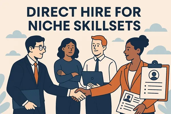 Professionals meeting and shaking hands during a hiring discussion, with resumes and laptops visible to represent recruiting for niche skillsets.