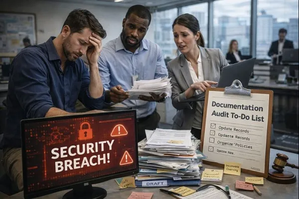 Corporate team reviewing documentation and audit materials while preparing for an IT compliance review in an office.